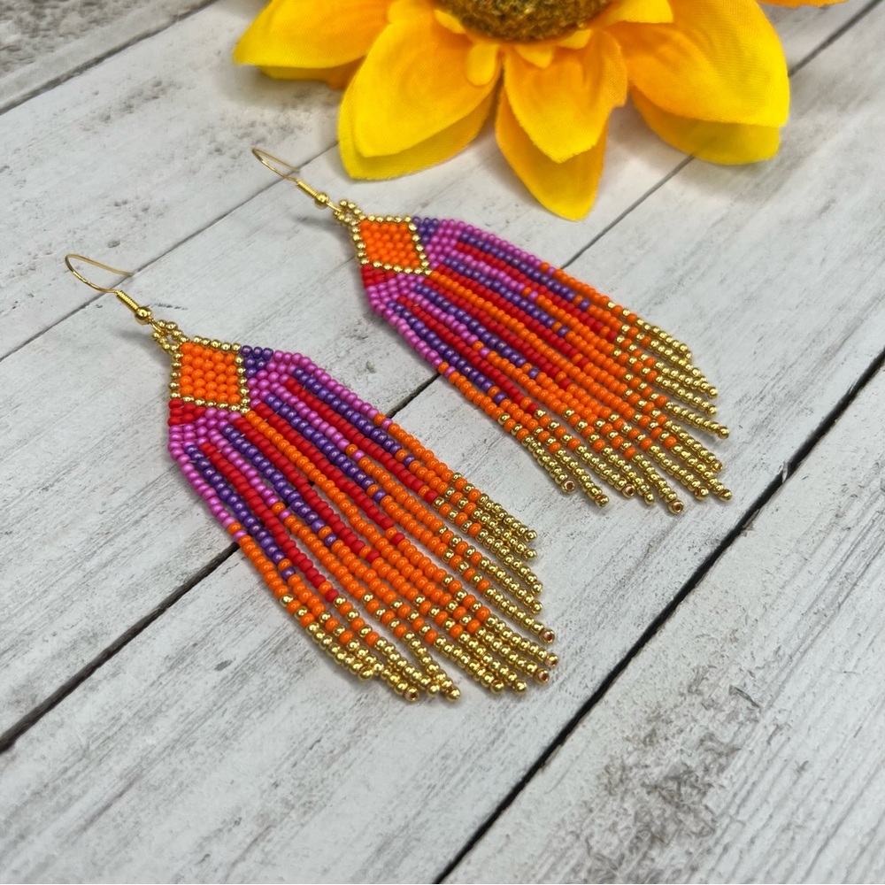 Seed Bead Fringe Tassel Dangle Earrings 4” Gold Colorful Beaded Earring Handmade